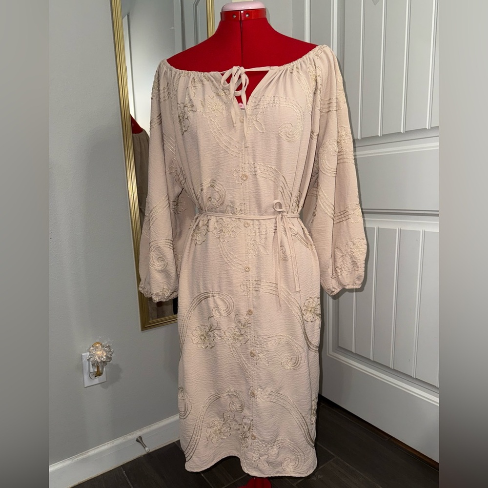 Chic Beige Midi Dress with Embroidery  Gold Size 2X